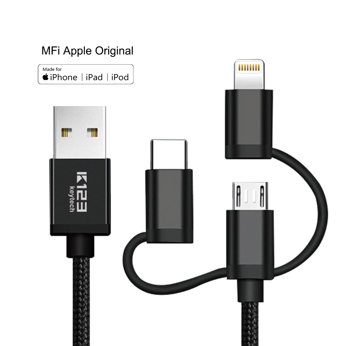 KAL009 Nylon trenzado 3 en 1 cable USB Cargador rápido para iPhone Android Mico uso múltiple de alta velocidad